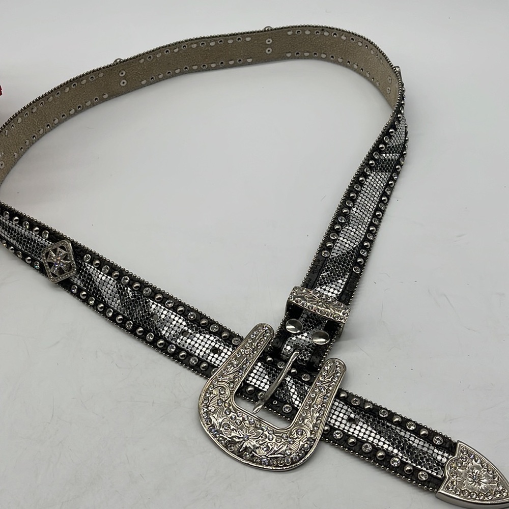 Nocona Black Silver Bling Western Belt leather with rhinestones Sz XL